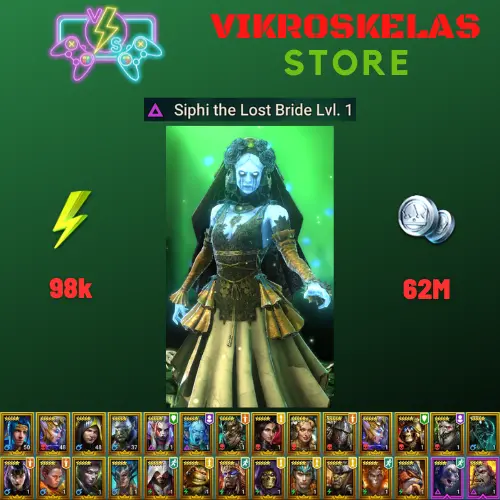 Starter acc with Siphi : 98k energy / 62 mln coins / Eostrid, Ugir, Arix, Ninja + 20 Login Legendaries / Skullcrown + Sinesha