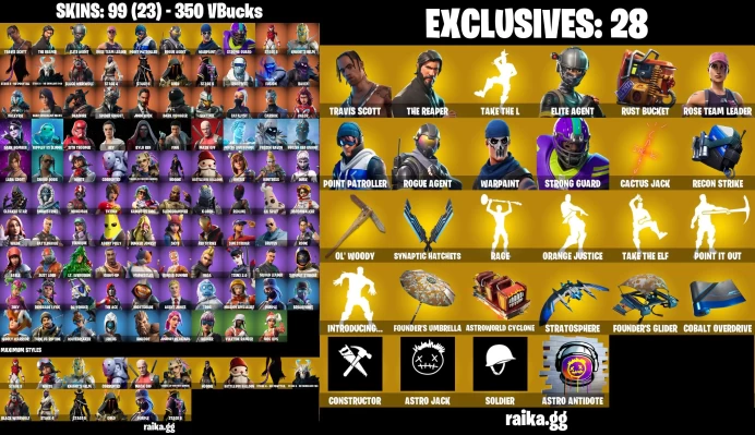 [PC] 99 skins | OG STW | Travis Scott | The Reaper | Take The L | Elite Agent | Lara Croft | Raven	LKK308