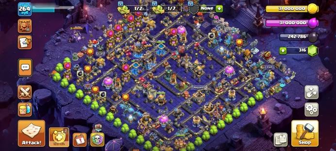 Pro Th18 !! All 6 Heroes Max [ 13 Rare Epic Max ] Xp 264 { 5600 WAR STAR ] 98% Troops ! 35 Skin Hero, 2 Scenery, 275 Wall Max, Fulll Defences
