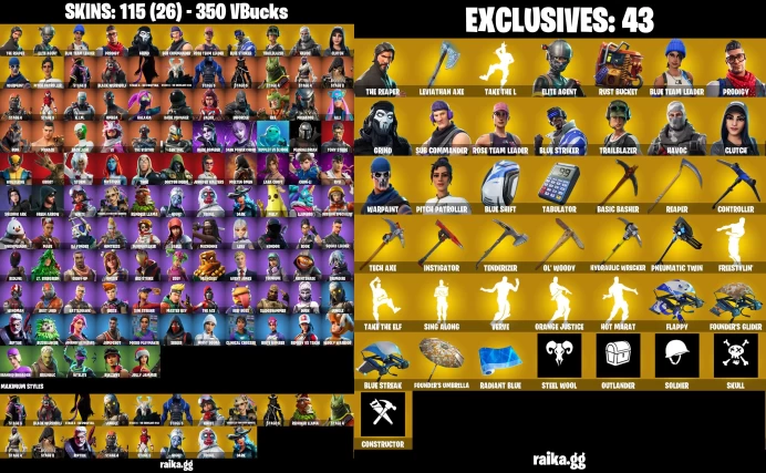 [PC/XBOX] 115 skins | OG STW | The Reaper | Leviathan Axe | Take The L | Chun-Li | Elite Agent | Lara Croft	LKK477
