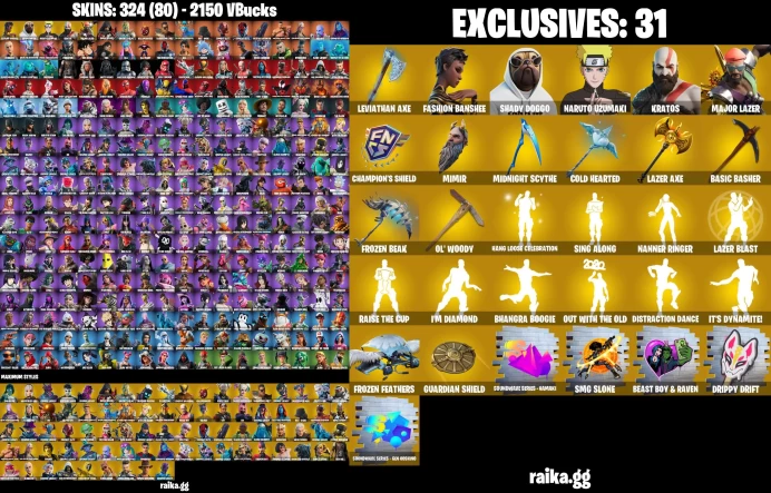 PC/PSN 324 skins · Leviathan Axe / Captain Levi .Mikasa / Sakura Haruno / Hinata / Naruto / Gaara / Itachi Uchiha / Kakashi / Orochimaru LKK292