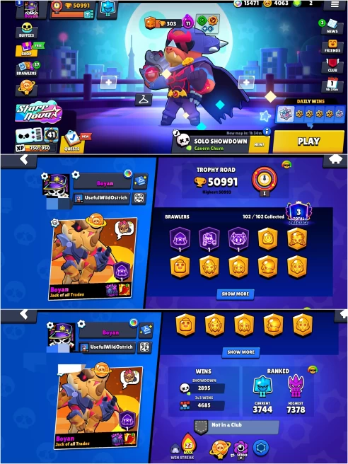 COMBO 2019 BS 50.9k TROPHY,27 HC ,4 MAX BRAWLER,301 OP SKINS,827 PINS,490 PLAYER ICON + 12.6k CUPS CR,[ 5 - L16, 11-L15,15- L14 ], 90 EMOTES 