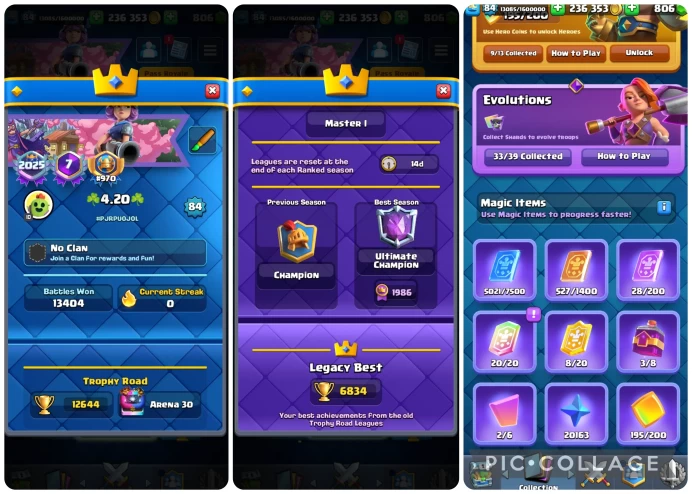 CR408//Arena 30 Level 84 Trophies 12644 Cards 121 Legendary Cards 21 Name change No 12600 84 LVL 33 EVO 244 EM + 37 SKINS 10 HEROES ULTIMATE CHA