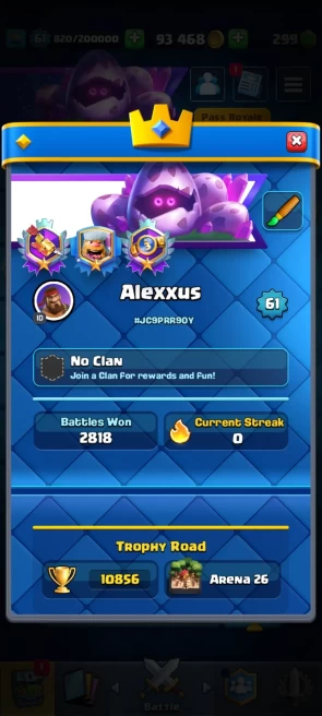 CR409//Arena 26 Level 61 Trophies 10856 Cards 121 Legendary Cards 21 Name change No