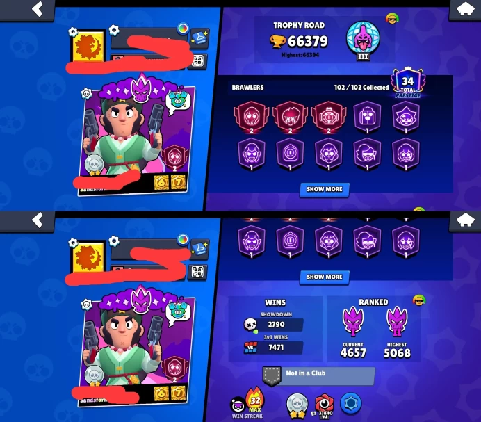 BS875//66000 Trophies 102 Brawlers 2 BRAWL PASS+ 270 SKINS ~24.5k Gems 31 11-level with HYPER LUNARY GLORY