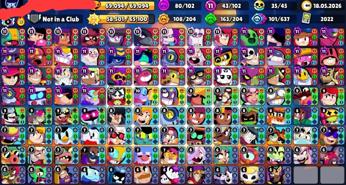 BS876//69000 Trophies 102 Brawlers 33 Primes 15 BP SKINS 102/102 345 SKINS 34k gems 43 11-x C HYPER