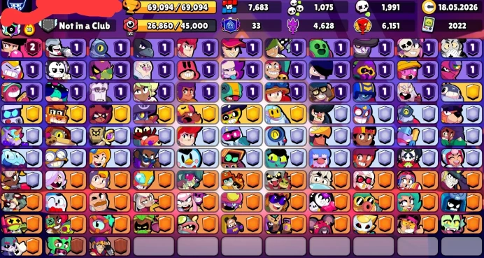 BS876//69000 Trophies 102 Brawlers 33 Primes 15 BP SKINS 102/102 345 SKINS 34k gems 43 11-x C HYPER