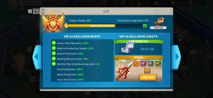 ROK2350: 78M - Vip 16 - 12 Commanders - 30 Passport - 3M8 Credit- 1.199 Gold head - 17K Gems