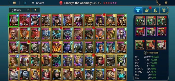 RSL715: LV85- Power 6,76M - 3 mythic - 41 Champions LV 60 - 66 legend - 8void