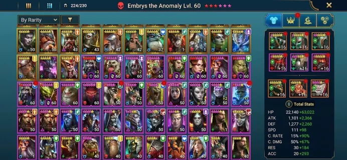 RSL715: LV85- Power 6,76M - 3 mythic - 41 Champions LV 60 - 66 legend - 8void