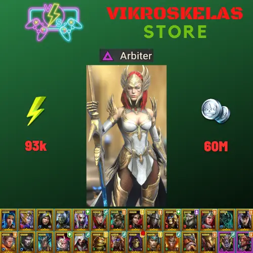 Starter acc with Arbiter : 93k energy / 60 mln coins / Royal Huntsman, Abbess, Arix, Ninja + 20 Login Legendaries / Skullcrown