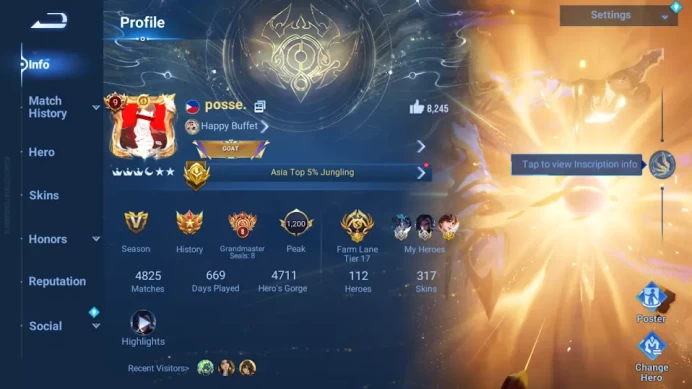 HOK143: Global | Lvl 198 | VIP 9 | 112 Heroes | 317 Skins( 3 Flawless, Full JJK, Full Conan, 3 Bleach, 4 Blessed, 2 Limbo) | 47 Buttons | 718K