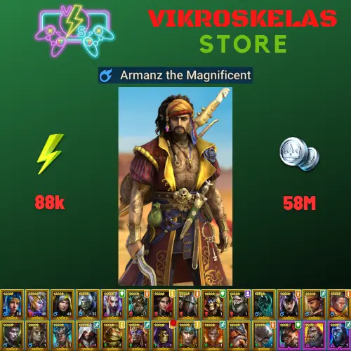 Starter acc with Armanz : 88k energy / 58 mln coins / Shemnath, Nogdar, Arix, Ninja + 20 Login Legendaries / Atur + Kallia