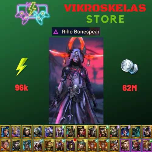 Starter acc with Riho : 96k energy / 62 mln coins / Wythir, Arix, Ninja + 20 Login Legendaries / Fenax, Daithi, Gala