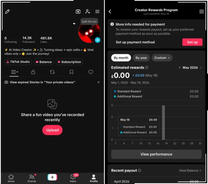 Monetized UK Account Creator Rewards Program Active | 14k Real Followers 481k Likes | Real Screenshots + Full Access + No outstanding issues
