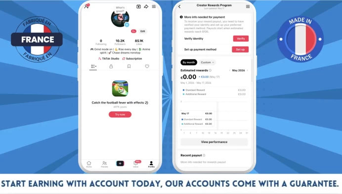 100% Monetized France Account Creator Rewards Program Active | 10k Real Followers & 85k Likes | Real Screenshots + Full Access + Good Standing