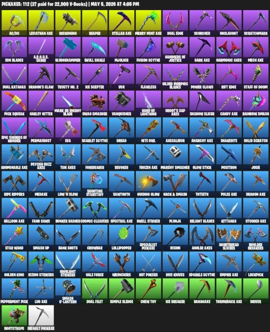 197 skins · IKONIK / Black Knight / Galaxy / Leviathan Axe / Merry Mint Axe / Glow / Floss