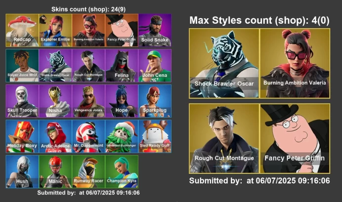 [PC/PSN/XBOX] 24 skins | Redcap | Explorer Emilie | Burning Ambition Valeria | Fancy Peter Griffin | Solid Snake | Slayer Juice WRLD LKK521