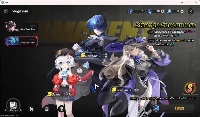 NA | Lv 22 | 5 SSR (Nanally, Daffodill, Jiuyuan) + 3 SR | MC Female | Selector ON | TakeMail Check SS NTE187B