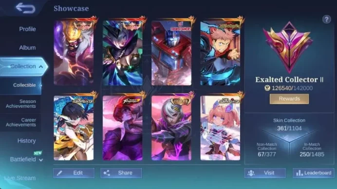 Global|Hero 132 Skin 361|Exalted|Legend Miya+Franco|Yin|KOF Karina+Chou|Collector Natalia+Badang+Benedetta|More Check SS ML1950B