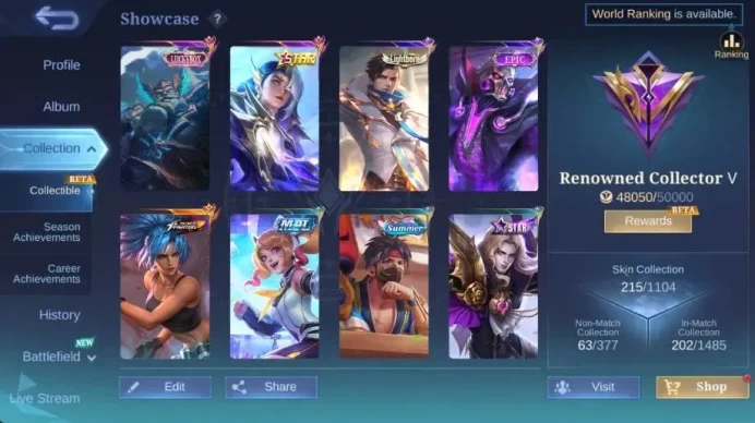 Global|Hero 132|Skin 215|Renowned|KOF Karina|CC Natalia|Lbox Franco|STAR Lesley|LightBorn TG+Harith+GR|Gara|MoreCheck SS ML1952B