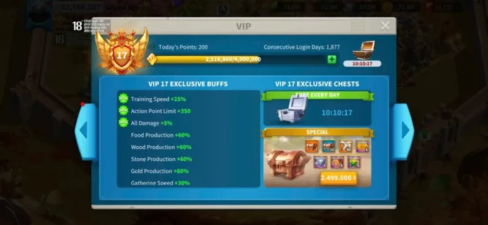 ROK2352: 82M/3B9 Kill - Vip 17 - 25 Commanders - 1 Passport - 136 Gold Heads - 19k Gems - 2 Skin