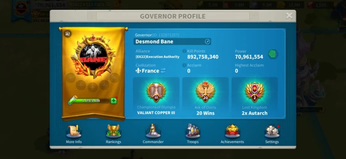 70M Power T5 - Gorgo, Heraclius & 9 other Legendary Commanders Max Skills, 776 Gold Heads - VIP 15 - Legendary City Skin - Ready to Migrate #475
