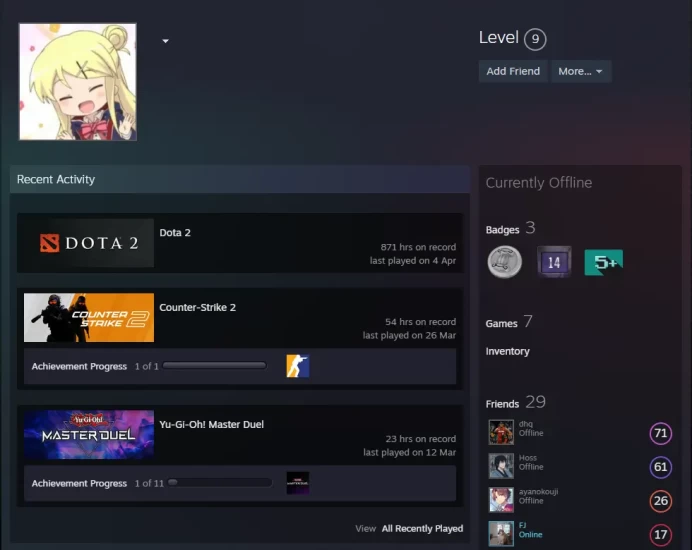 Dota 2 871 hours-previous rank Archon 2 (2583MMR)9983 behavior-14 Years of Service Steam
