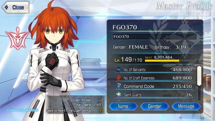 FGO0001: NA | Lv149 | 1815 days| 49 SSR  59 WNP ( Karna NP3 + Europa NP3) | 93+ CE MLB |Kaleid +  Black Grail MLB| Aerial + Sunrise 100/100 | 49