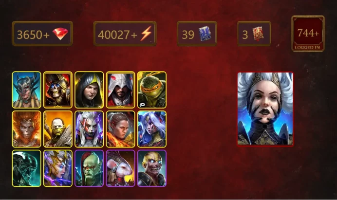 [STARTER]Queen Krixia+Riho+Scyl+Deathknight+Aleksandr+Ezio Auditore+Michelangelo+Wukong+Artak+Visix+Ronda+Xenomorph+29Epics
