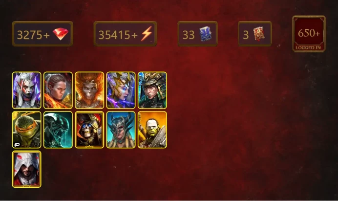 [STARTER]Harima+Granyt Doorkeep+Visix+Ronda+Wukong+Deliana+Michelangelo+Xenomorph+Deathknight+Scyl+Artak+Ezio Auditore+25Epics