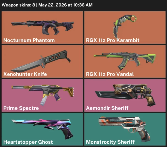 EU | 8 Skins | Full Acces | Rgx11z Pro Vandal | Xenohunter Knife | Rgx11z Pro Karambit | Nocturnum Phantom | Aemondir Sheriff | Prime Spectre