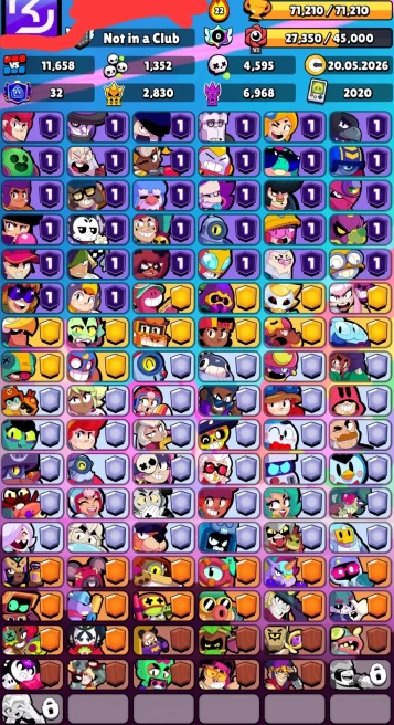 BS896//71000 Trophies 101 Brawlers 23k Gems 50 Power 11 Brawlers 250 Skins