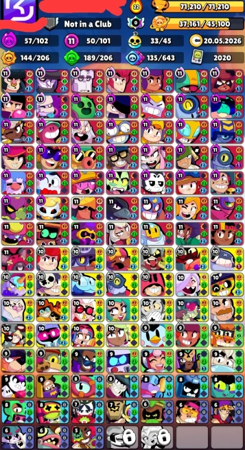 BS896//71000 Trophies 101 Brawlers 23k Gems 50 Power 11 Brawlers 250 Skins
