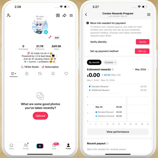 UK Fully Monetized Creator Rewards Program Account – 20K Real Followers & 269K Likes | Instant Earnings, Full Access + Email Included