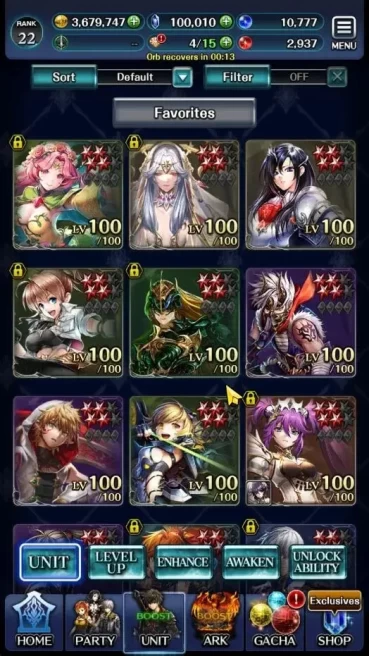 GLOBAL|Rank 22|100K Crystal|Top Tier Unit [Princess GT Famille,G Lilaha,Shinboi Hime Lilebette,Etc]|1 UR+10 SSR Ark|(LC1275)