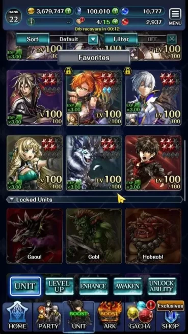 GLOBAL|Rank 22|100K Crystal|Top Tier Unit [Princess GT Famille,G Lilaha,Shinboi Hime Lilebette,Etc]|1 UR+10 SSR Ark|(LC1275)