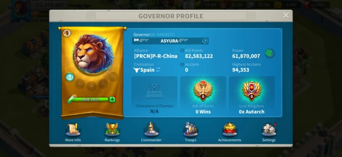 61M Power T5 - VIP 15 - 8 Legendary Commanders Max Skills - Ready to Migrate - Rare Avatar Frame 'The Lion' - Maxed Research - 117 Days SU #479