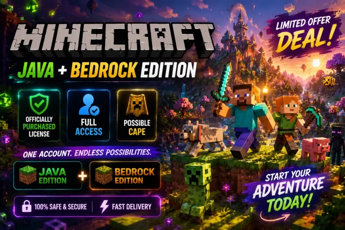 Minecraft – Java + Bedrock Edition ◈Officially Purchased License ◈Full Access ◈No Ban Hypixel ◈Possible Cape ◈Auto Delivery ◈ Lifetime Warranty
