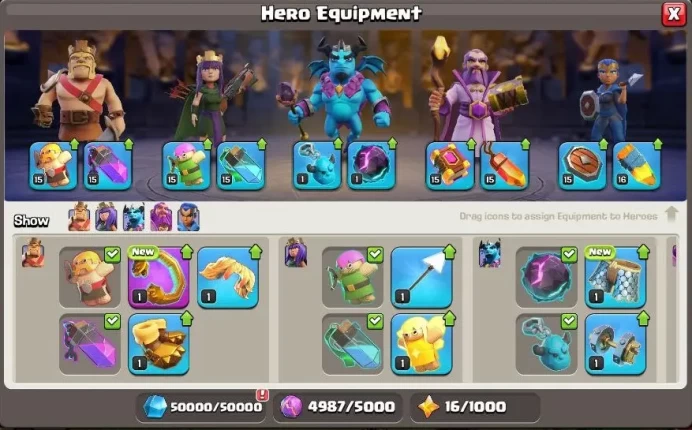 Th 17 Level 232| Hero (91/100/71/45) |1 Equipment Epic | 11 Magic Items |1 Hero Skin | War Stars | 2464 Gems