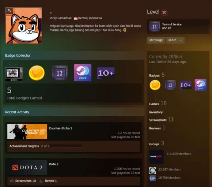 18Game-Dota 2 1206 hours-CS2 Prime+4Medals(10Y/5Y/Loyalty Badge/Global Offensive Badge)+13 Years of Service Steam