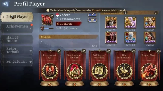 GLOBAL 60x|Lv 92|9,7M Power|14 Lord[PraetusA4,IngridA1,Valderon,Etc]|99 Legend[ValaraA5,WukongA3,EirlysA2,Etc]|TakeMail(WOR1213)