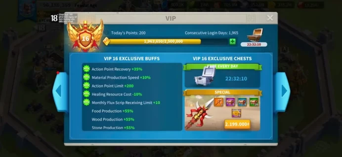 ROK2355: 96M - Vip 16 - 20 Commanders - 28 Passport - 1M Credit - 10k Gems - 2 Skin - 1 farm