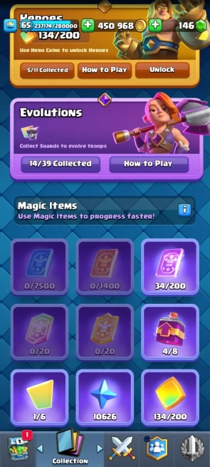 CR412//Arena 29 Level 65 Trophies 12030 Cards 121 Legendary Cards 21 Name change No