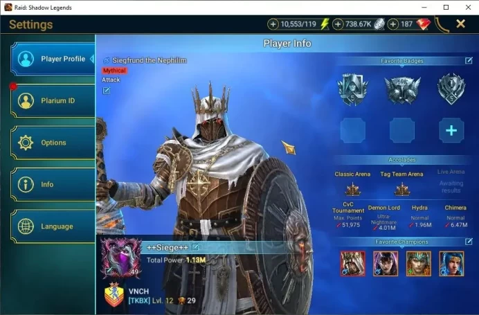 Lv49 1,1M Power|1 Mythic(Siegfrund)|19 Legend(Ninja,Alice,Wukong,Xenomorph,Ezio,Loki,Artor,Etc)|10K Energy|Plarium(RSL1493)