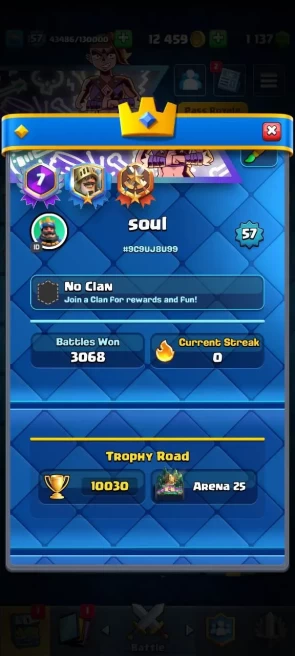 KT :  15 Level : 57  | Cup :  10000 | Max Cards : 1 |Lvl 15 Cards : 5 | Lvl 14 Cards : 46 | Evo Cards : 6|Emotes : 57 | Gems : 1137