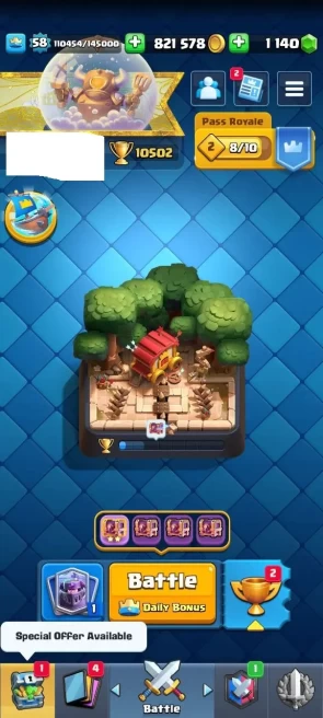 KT 14 Level 58 | 10502 Cup | 2 Max Cards |4 Lvl 15 Cards | 37 Lvl 14 Cards | 116 Emotes | 1140 Gems