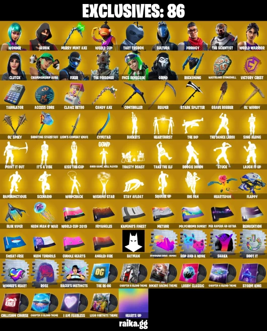 [PC/XBOX] 330 skins | Wonder | IKONIK | Merry mint axe | WORLD CUP | Tart Tycoon | Sultura | Prodigy | World Warrior  Championship Aura 