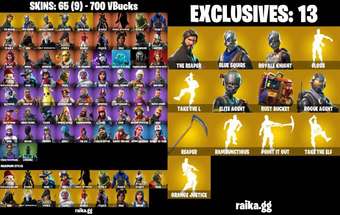  PC/PSN  65 skins | The Reaper | Blue Squire | Royale Knight | Floss | Take The L | Elite Agent | Peely	MSS73