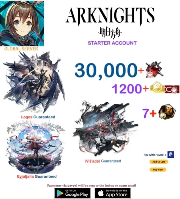 ark63//GLOBAL Eyjafjalla + Wisadel + Logos 6star 30000+ Orundum 7+ Originite Starter account
